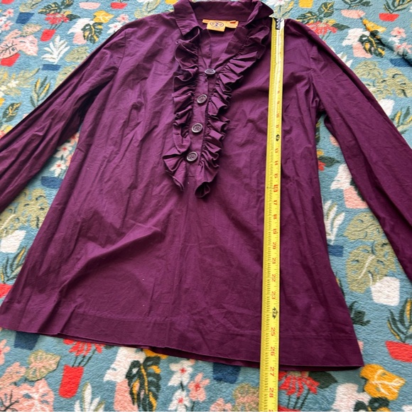 Tory Burch dark purple maroon ruffle front long sleeve button front shirt - Picture 3 of 8